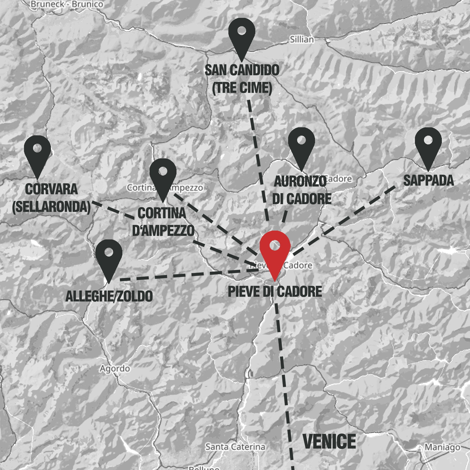 Mappa delle zone di insegnamento nelle Dolomiti
